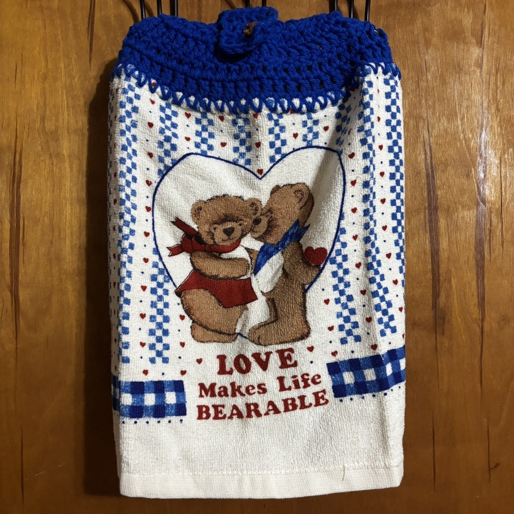 1 Blue Yarn Crochet Top Hanging Kitchen Towel Country Teddy Bears Granny Core